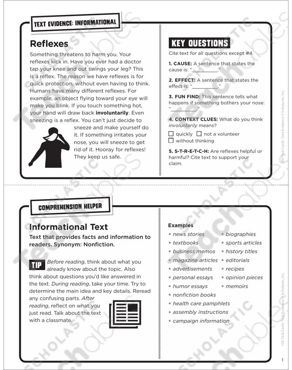Reflexes: Text Evidence Task Card | Printable Lesson Plans ...