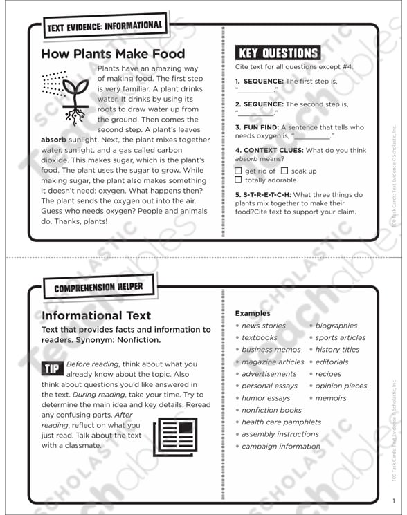 How Plants Make Food: Text Evidence Task Card | Printable ...
