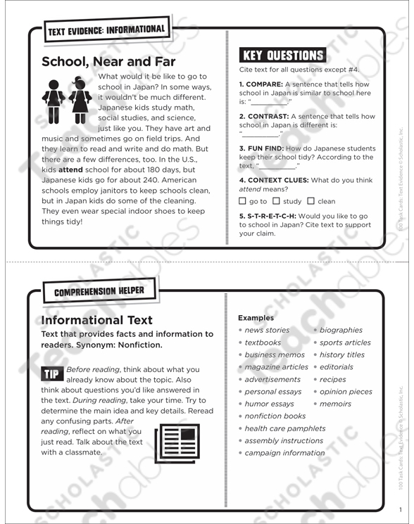 School, Near and Far: Text Evidence Task Card | Printable ...