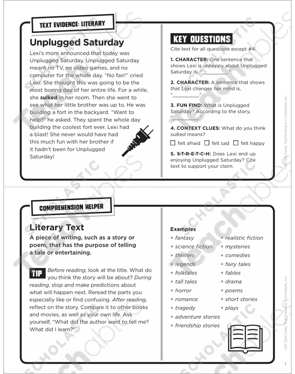 Unplugged Saturday: Text Evidence Task Card | Printable ...
