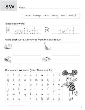 consonant blends sw write n seek practice page printable word searches lesson plans and ideas