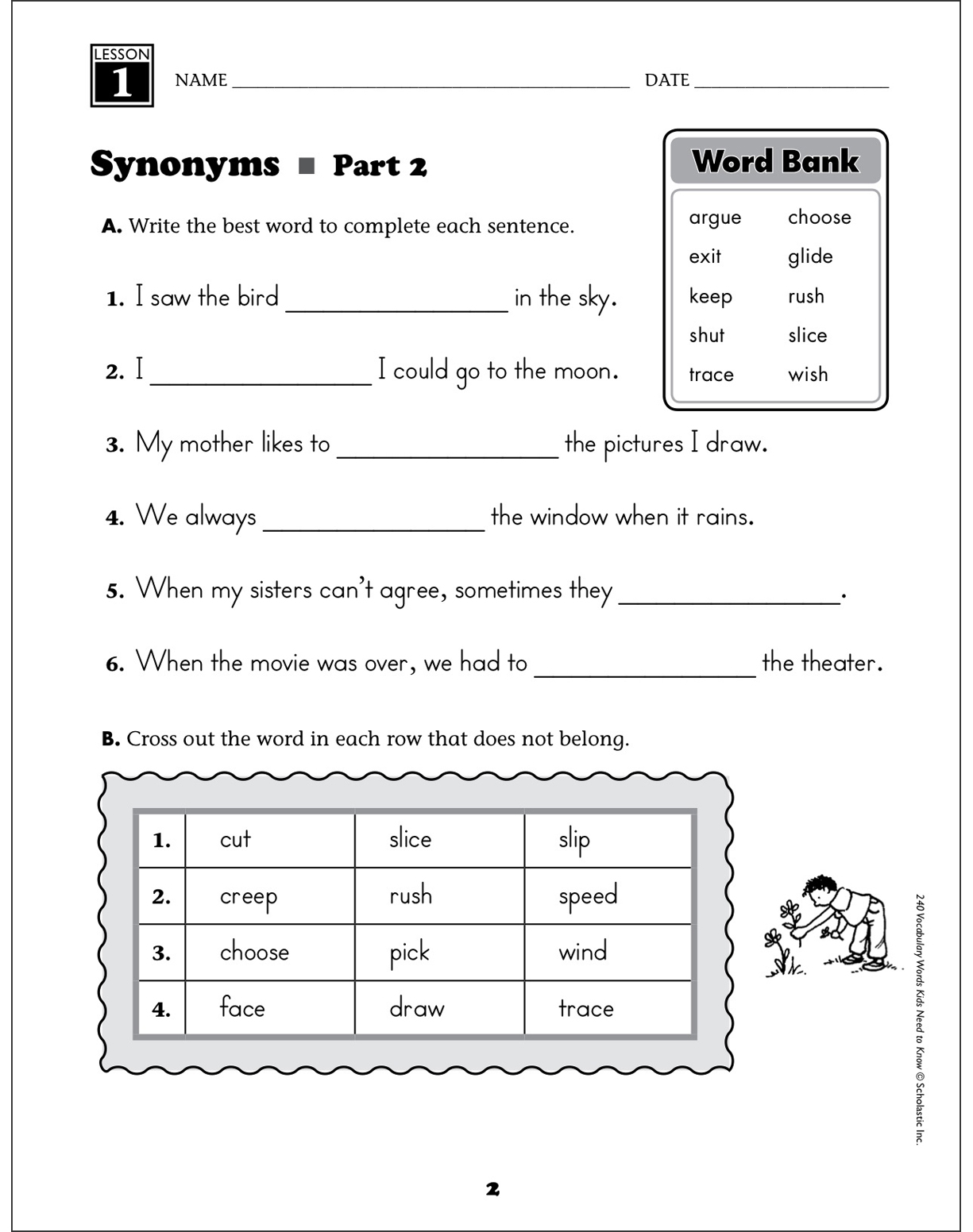 synonyms grade 2 vocabulary activities crossword printable