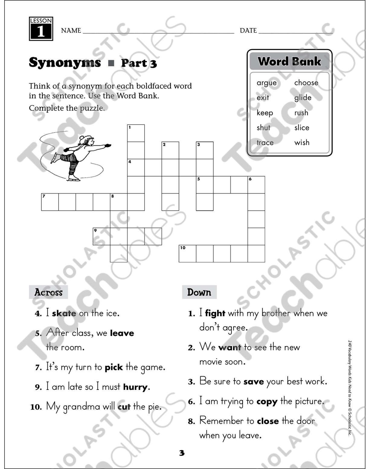 Synonyms: Grade 2 Vocabulary (Activities Crossword) Printable