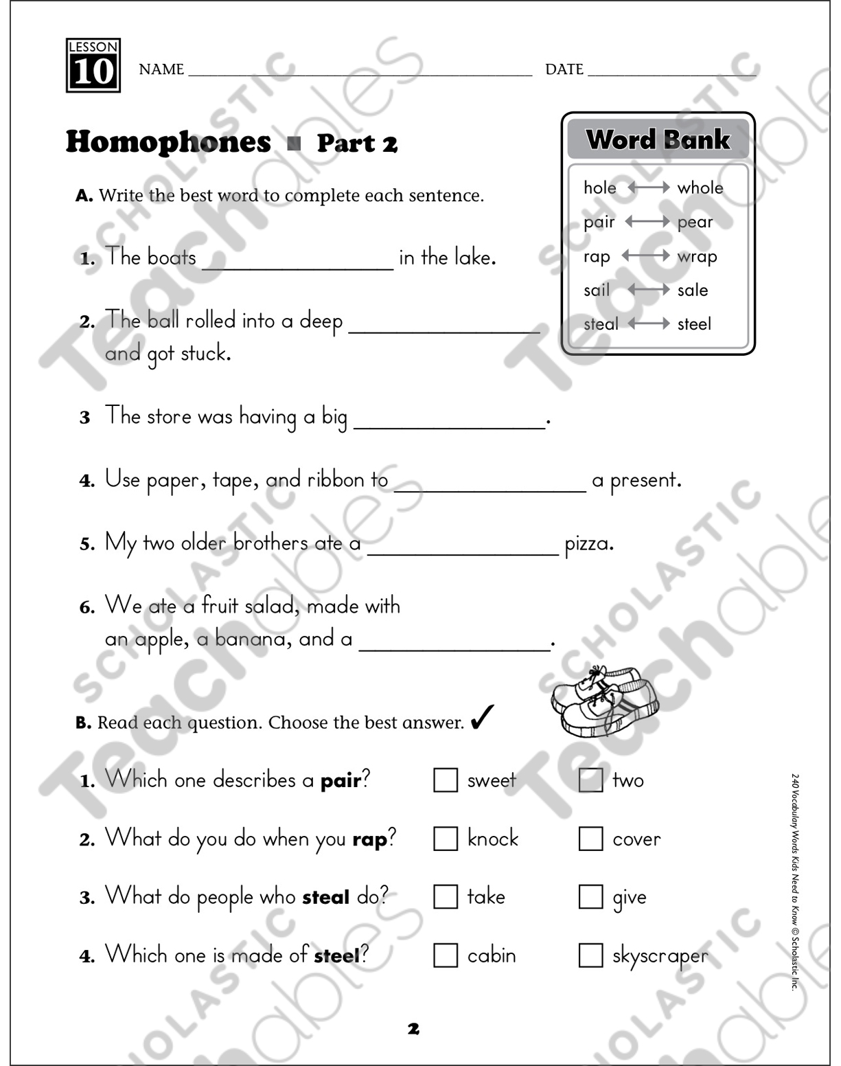 Homophones: Grade 21 Vocabulary  Printable Skills Sheets Inside Homophones Worksheet 2nd Grade