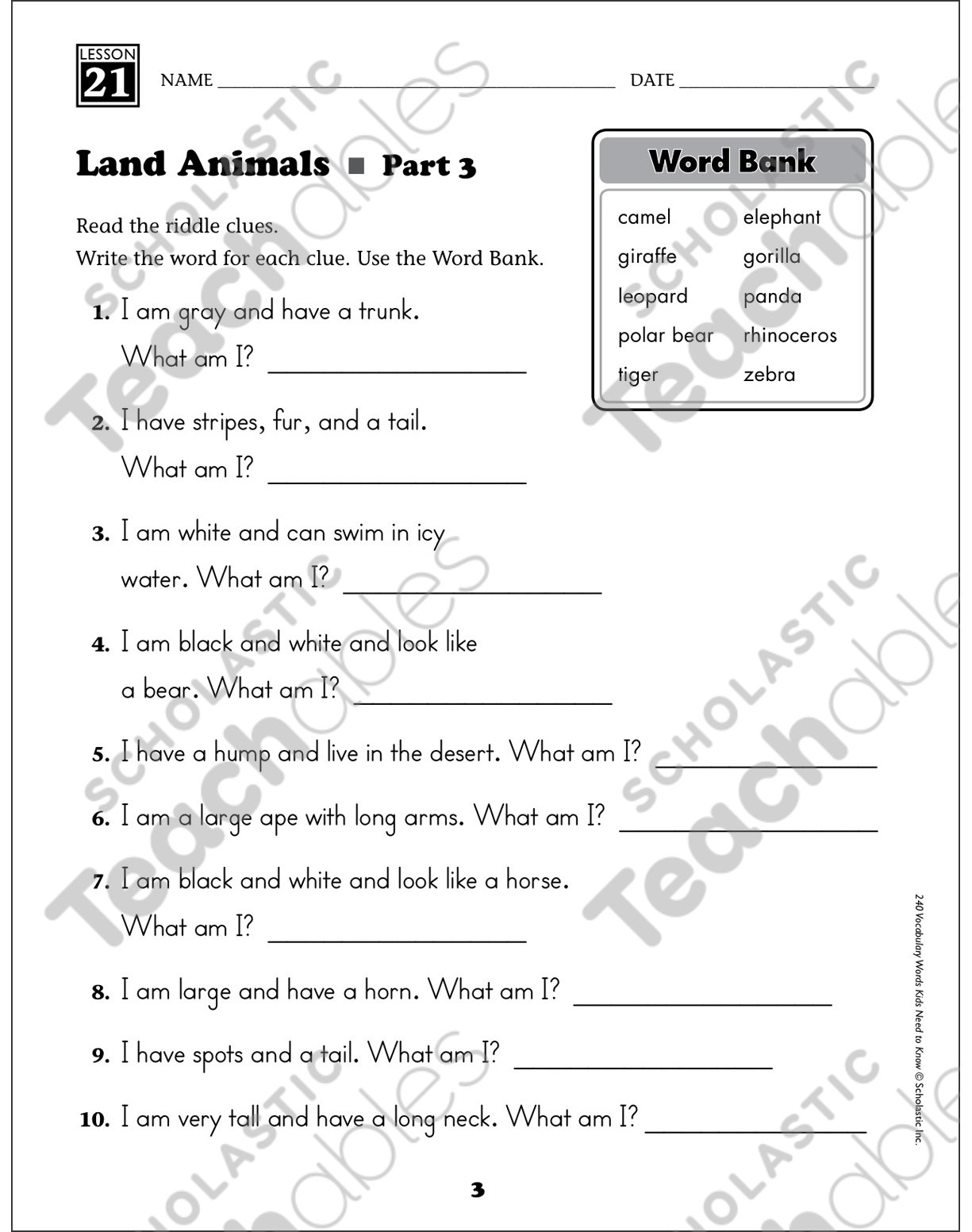 Land Animals (Content Words): Grade 2 Vocabulary | Printable ...