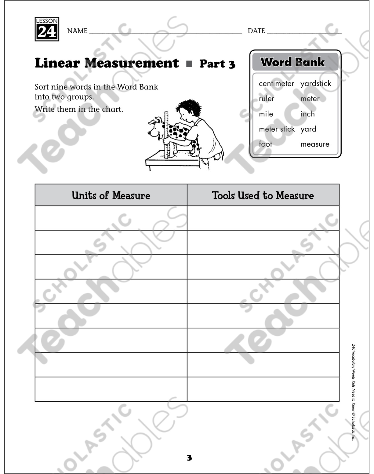 Linear Measurement (Content Words): Grade 2 Vocabulary | Printable