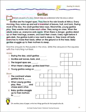 gorillas reading passage and activity reading for details printable skills sheets crossword puzzles