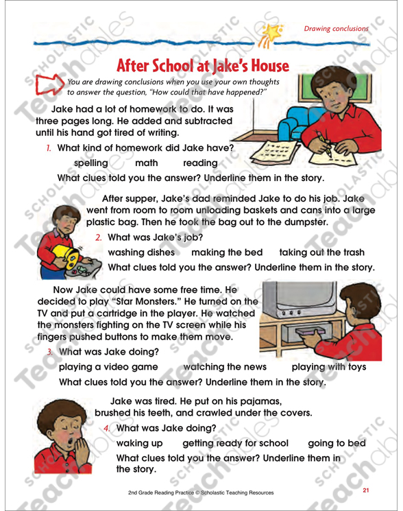 After School At Jake S House Reading Passage And Activity Drawing Conclusions Printable Skills Sheets