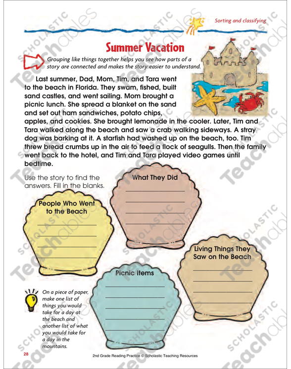 summer vacation reading passage and activity printable skills sheets