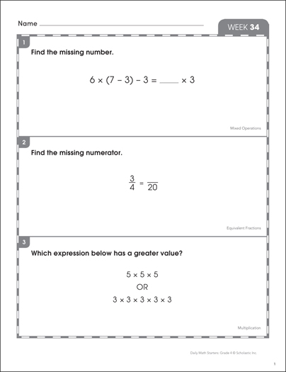 Week 1: 4th Grade Daily Math Starters | Printable Skills Sheets
