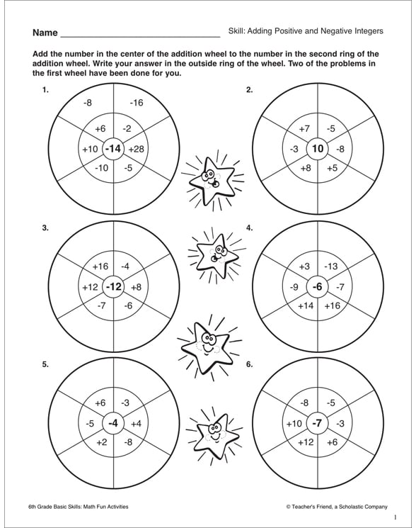 Adding Positive and Negative Integers | Printable Skills ...