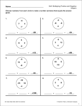 Multiplying Positive and Negative Integers | Printable Skills ...