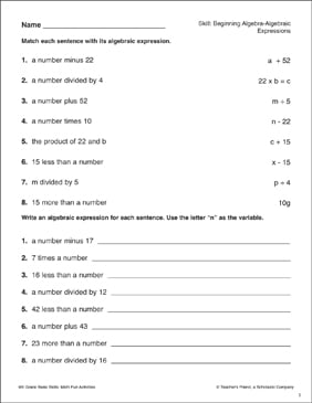 Beginning Algebra - Variables | Printable Skills Sheets