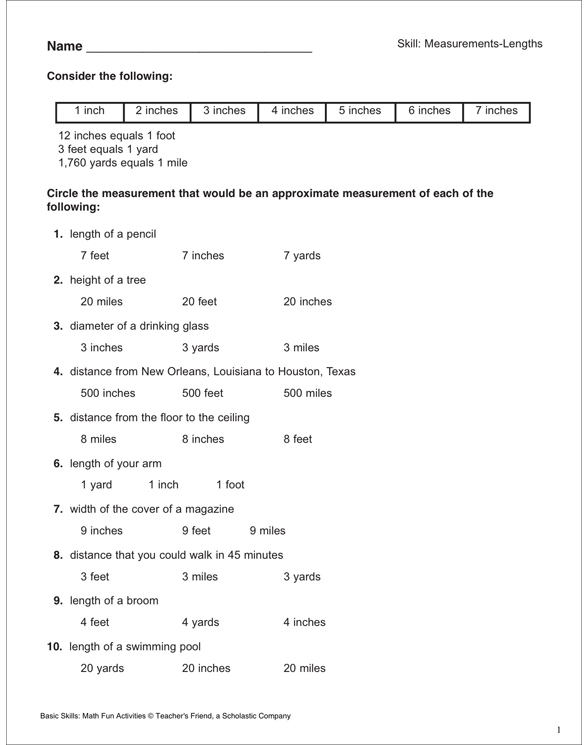 Measurement - Estimating Length: Math Skills | Printable Skills Sheets