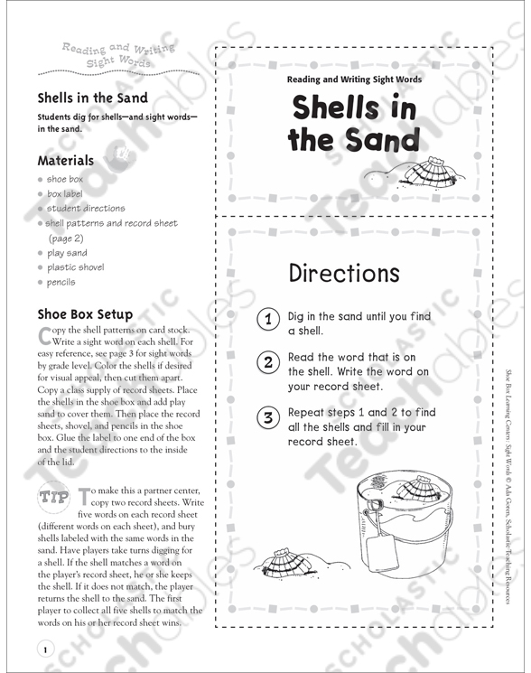 Shells In The Sand Writing Words Sight Word Learning Center Printable Learning Centers Skills Sheets