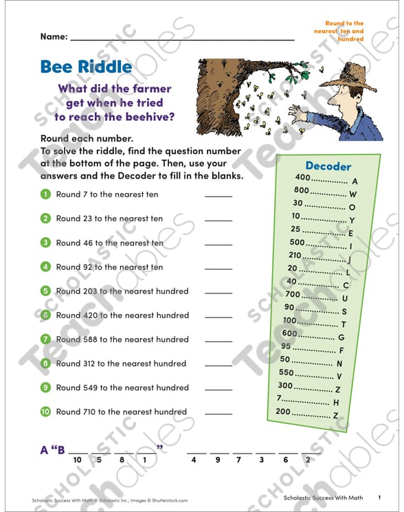 Bee Riddle (Round to the Nearest Ten and Hundred) | Printable ...