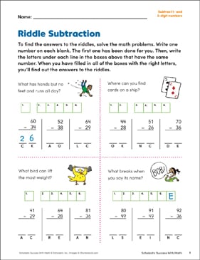 Single-Digit Subtraction Worksheets, Math Review, Riddles