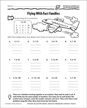 flying with fact families identifying multiplication and division fact families printable skills sheets