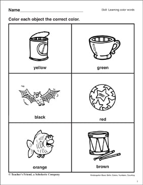 Learning Color Words: Kindergarten Basic Skills | Printable ...