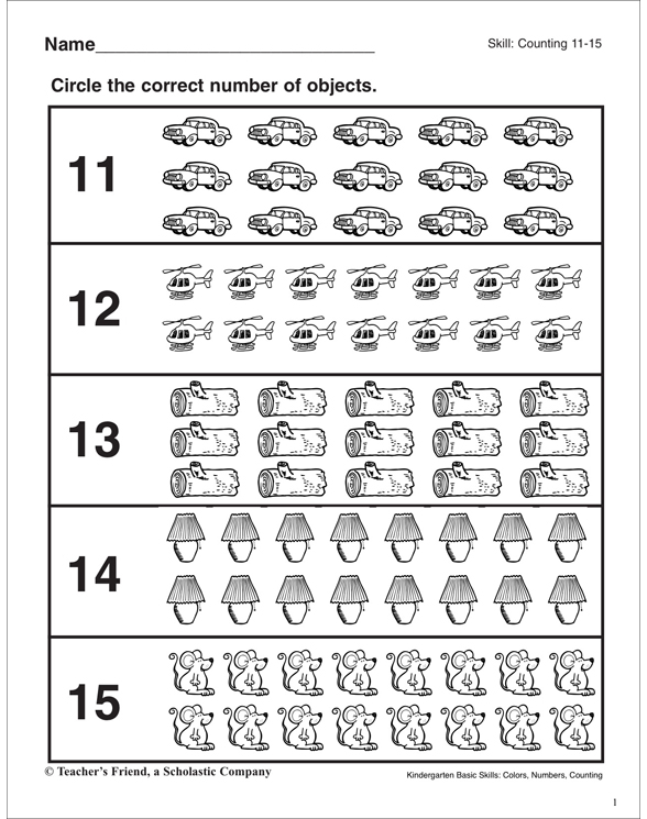 Counting 11-15: Kindergarten Basic Skills | Printable Skills Sheets