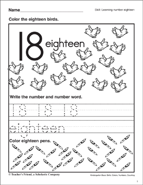 numbers learning number eighteen kindergarten basic skills printable skills sheets