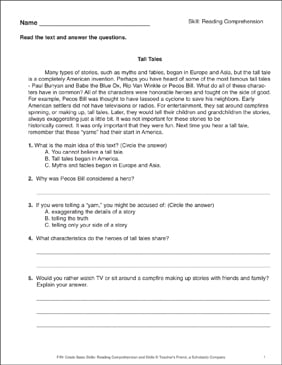 Tall Tales: Passage and Comprehension Questions | Printable ...