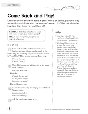 Come Back and Play!  Printable Lesson Plans and Ideas, Skills Sheets