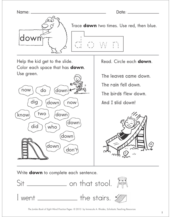Sight Word Practice Page for “down” | Printable Skills Sheets