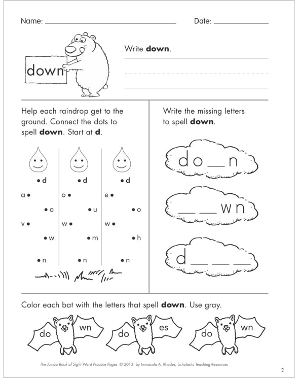 Sight Word Practice Page for “down” Printable Skills Sheets