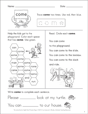 Sight Word Practice Page For Come Printable Skills Sheets