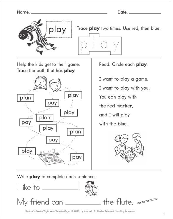 Sight Word Practice Page for “play” | Printable Skills Sheets