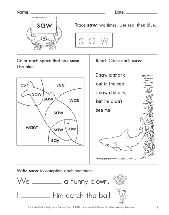 Sight Word Practice Page for “saw” | Printable Skills Sheets