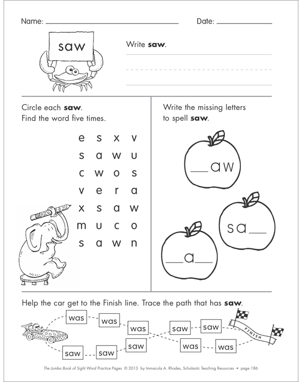 Sight Word Practice Page for “saw” Printable Skills Sheets