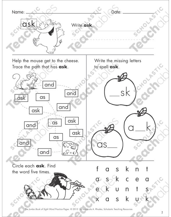 Sight Word Practice Page for “ask” | Printable Skills Sheets