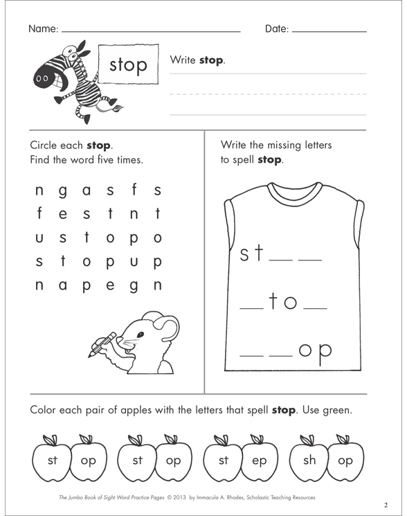 Sight Word Practice Page for stop Printable Skills Sheets