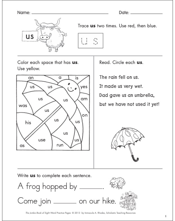 Sight Word Practice Page for “us” | Printable Skills Sheets