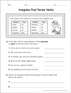 irregular past tense verbs grammar practice page printable skills sheets