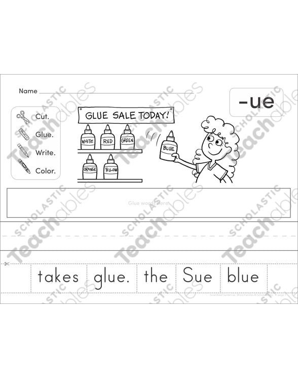 Long Vowel (ue) Word Family Scrambled Sentence Printable Cut, Pastes and Skills Sheets
