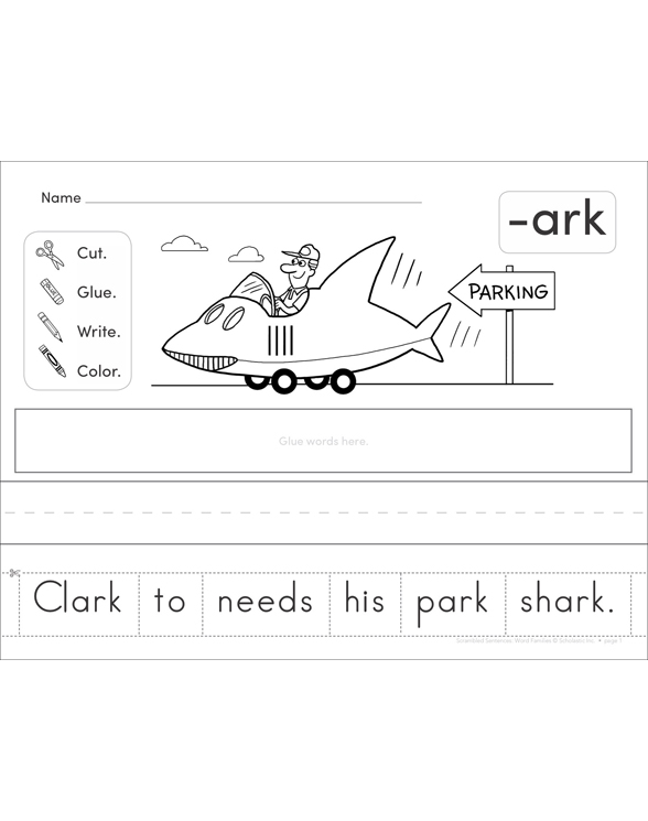 Bossy R (ark) Word Family Scrambled Sentence Printable Cut, Pastes