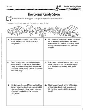 corner candy store multiplication word problems printable skills sheets