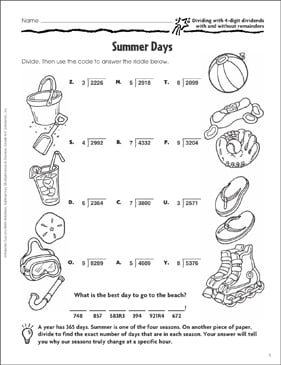 summer days dividing printable skills sheets