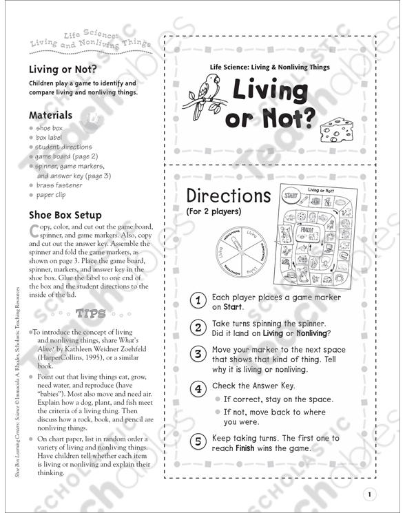 living or not living and nonliving things life science shoe box learning center printable learning centers games and puzzles
