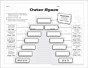 outer space word building pyramid puzzle printable games and puzzles skills sheets