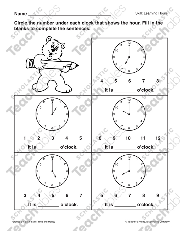 telling time to the hour time skills grades k 2 printable skills sheets