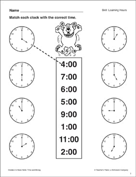 tell the hour on a clock time skills grades k 2 printable skills sheets