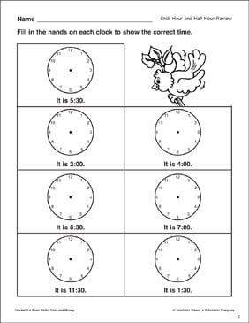 telling time to the hour and half hour grades k 2 printable skills sheets