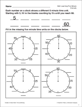 telling time in 5 minute intervals grades 1 3 printable skills sheets