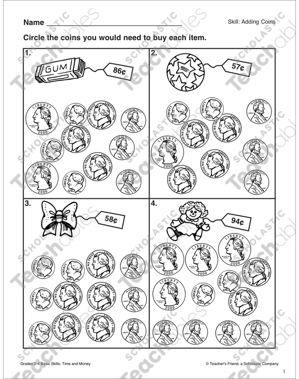 shopping adding coins money skills grades 1 3 printable skills sheets