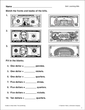 bill fronts and backs money skills grades 2 4 printable skills sheets