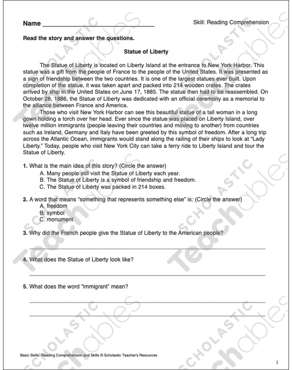 statue of liberty reading comprehension passage printable texts skills sheets